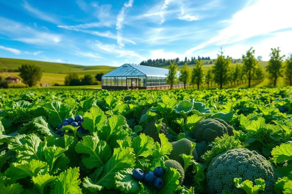 A lush, verdant small farm nestled in rolling hills, sunlight filtering through wispy clouds. In the foreground, a bountiful harvest of vibrant, nutrient-dense superfoods - glistening kale, crisp chard, plump blueberries, and robust broccoli. The middle ground features a modern greenhouse, its glass panels reflecting the azure sky. In the background, rows of towering fruit trees sway gently in the breeze. The scene exudes a sense of tranquility and abundance, inviting the viewer to imagine the delicious and profitable potential of this sustainable, functional food oasis.