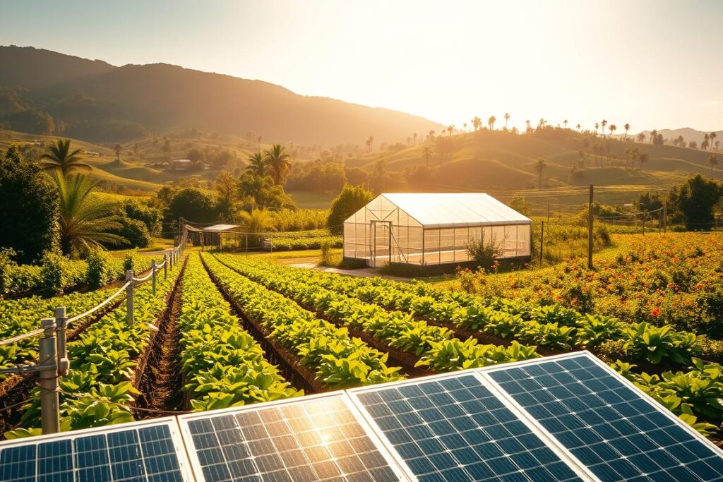 A lush, verdant small farm nestled in the Brazilian countryside, bathed in the warm, golden glow of the sun. In the foreground, a modern, efficient solar-powered irrigation system meticulously waters rows of thriving crops, its sleek solar panels tilted to capture the sun's energy. In the middle ground, a well-maintained greenhouse stands, its glass panels glistening, sheltering delicate seedlings. In the background, rolling hills dotted with palm trees and vibrant wildflowers create a picturesque, serene landscape. The scene conveys a sense of harmony and sustainability, showcasing the successful integration of solar technology into small-scale agricultural practices.