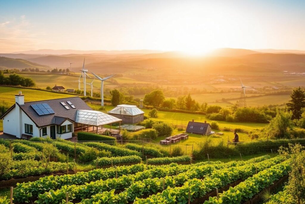 A lush, verdant small-holding nestled amidst rolling hills, with a modern home and outbuildings blending seamlessly into the natural landscape. In the foreground, a farmer tends to a flourishing vegetable garden, using sustainable farming techniques. The middle ground features a solar-powered greenhouse, wind turbines, and a rainwater harvesting system, showcasing the property's self-sufficiency. The background reveals a panoramic vista of undulating countryside, dotted with scattered farmhouses and lush, untamed wilderness. The warm, golden light of the sun casts a soft, inviting glow over the entire scene, evoking a sense of peaceful tranquility and rural harmony.