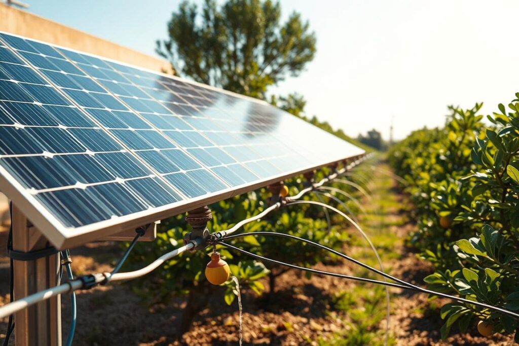 A meticulously crafted solar-powered drip irrigation system, with sleek solar panels and a network of interconnected tubing that gracefully winds through a lush, verdant fig orchard in a warm, Mediterranean-inspired setting. Sunlight casts a soft, golden glow across the scene, highlighting the intricate details of the system's components - the robust solar array, the precise water flow regulators, and the delicate distribution of moisture to the thriving fig trees. The composition captures the harmony between sustainable technology and nature, inviting the viewer to immerse themselves in this efficient, eco-friendly method of cultivating a bountiful fig harvest.