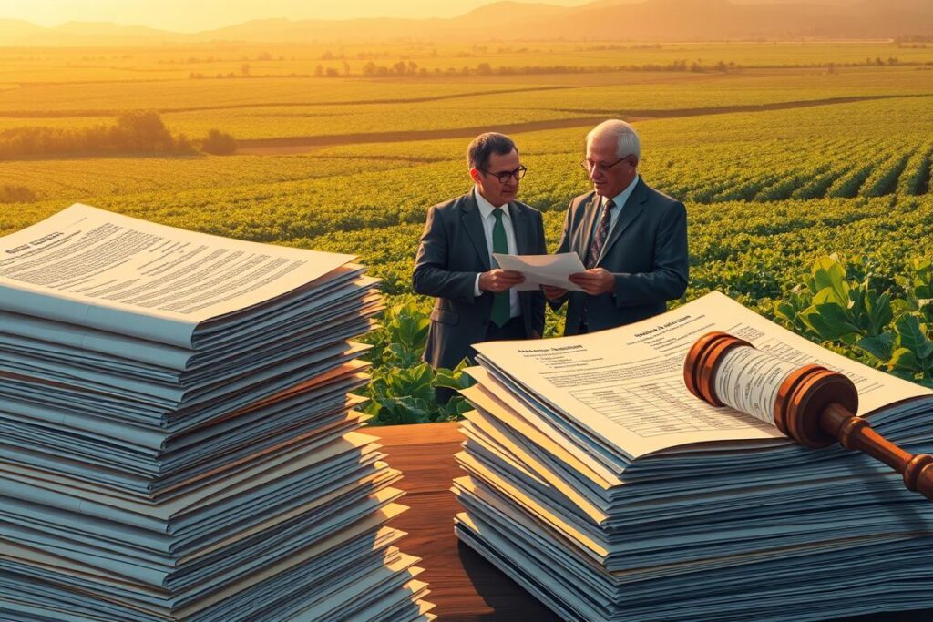 A meticulously detailed illustration depicting the legal and regulatory landscape surrounding the use of stablecoins in the agribusiness sector of Brazil. The foreground showcases a stack of official government documents, contracts, and financial ledgers, suggesting the complex legal framework governing cryptocurrency adoption. In the middle ground, a trio of regulatory authorities converse, their expressions serious as they pore over data visualizations and financial projections. The background depicts a lush, verdant farmland, symbolizing the agricultural industry's potential to leverage stablecoins for inflation protection without reliance on traditional banking. Warm, diffused lighting casts a contemplative mood, and the overall composition conveys a sense of measured progress and cautious optimism regarding the legal and fiscal integration of stablecoins within Brazil's agribusiness sector.
