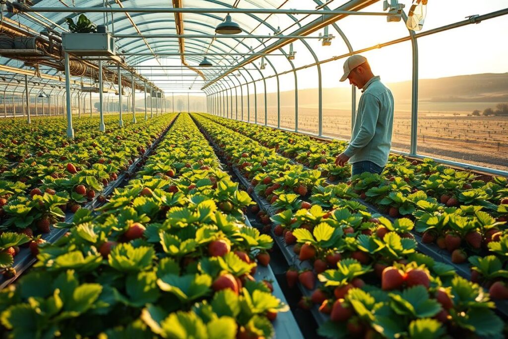 A modern, automated greenhouse filled with rows of plump, vibrant strawberry plants. The structure is made of sleek, high-tech materials, with a complex network of sensors, irrigation systems, and climate control devices. In the foreground, a farmer examines the lush foliage, closely monitoring the plants' health. Sunlight streams in through the glass panels, casting warm shadows across the scene. The background features a serene, pastoral landscape, hinting at the integration of traditional farming with cutting-edge technology. The overall atmosphere conveys a sense of efficient, sustainable production of premium, gourmet strawberries, supported by innovative financing from RWA investors.