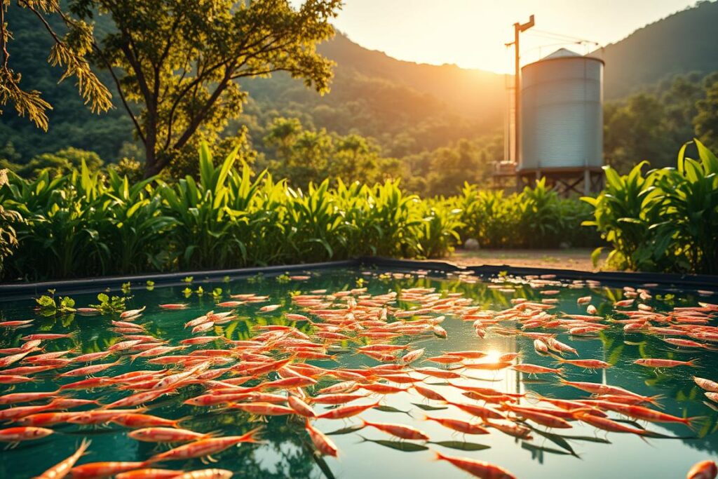 A modern blockchain-powered shrimp farm nestled in a lush, verdant landscape. In the foreground, a smart contract hovers over a crystal-clear shrimp pond, its lines of code shimmering with digital energy. In the middle ground, robotic feeders and water quality sensors seamlessly monitor and maintain optimal conditions for the thriving shrimp population. In the background, a towering silo stores the freshly harvested shrimp, ready to be securely tracked and traded using blockchain technology. The scene is bathed in warm, golden sunlight, conveying a sense of efficiency, innovation, and sustainability in the aquaculture industry.
