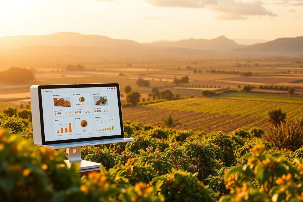 A modern, digital tokenization platform for agricultural products in Brazil, with a clean, minimalist design. In the foreground, a sleek user interface displays tokenized product offerings, with intuitive data visualizations and smooth navigation. The middle ground showcases the technological infrastructure, with servers, databases, and secure blockchain integrations. In the background, a panoramic view of lush Brazilian farmlands and apiaries, symbolizing the origin of the tokenized goods. The scene is bathed in warm, golden lighting, creating a sense of productivity and innovation. The overall atmosphere conveys trust, transparency, and a streamlined pathway for connecting agricultural producers with global markets.