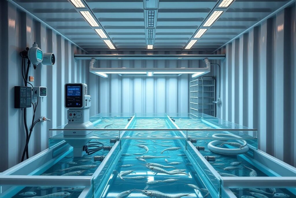 A modern, high-tech shrimp aquaculture facility situated in a container, with a sleek, streamlined aesthetic. The foreground features an array of automated sensors and control systems, including temperature, pH, and oxygen monitors, strategically positioned to optimize the shrimp's environment. The middle ground showcases a network of recirculating water filtration and aeration systems, ensuring a clean, well-oxygenated habitat. The background depicts the container's exterior, with a minimalist, industrial design complemented by subtle lighting accents, conveying a sense of efficiency and technological innovation. The overall mood is one of precision, control, and a harmonious integration of technology and nature to create an optimal shrimp farming environment.