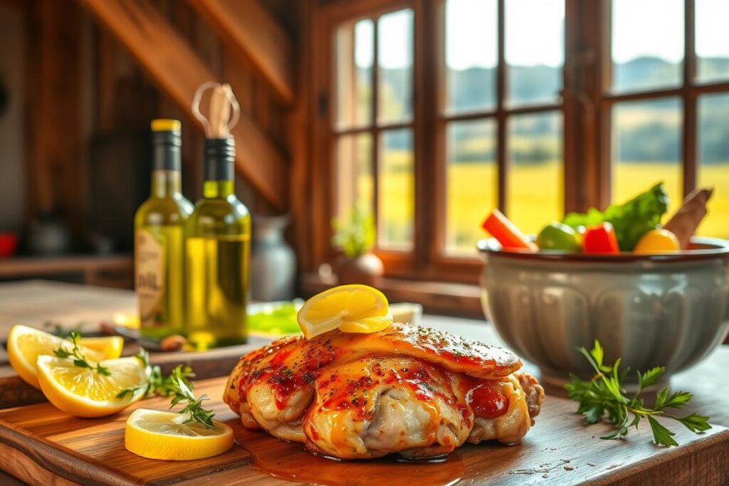 A mouthwatering, gourmet free-range chicken dish, lit by warm, golden sunlight filtering through a rustic, wooden-beamed kitchen. In the foreground, the juicy, tender chicken is garnished with aromatic herbs, lemon wedges, and a drizzle of rich, golden-hued sauce. The middle ground showcases a wooden cutting board, a bottle of premium olive oil, and a hand-crafted ceramic bowl filled with fresh, vibrant vegetables. In the background, a weathered farmhouse window frames a picturesque countryside landscape, conveying a sense of quality, authenticity, and artisanal craftsmanship.