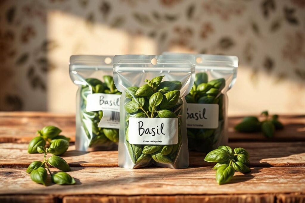 A neatly arranged basil packaging display on a rustic wooden surface, with a soft, natural lighting creating warm highlights. The packaging is a transparent plastic pouch, showcasing the fresh, green basil leaves inside. The pouch is labeled with a simple, handwritten-style text, conveying the product's identity. The background features a complementary color palette, perhaps a muted floral or botanical pattern, adding to the artisanal, organic feel. The overall composition emphasizes the product's quality, freshness, and authentic presentation, suitable for a gourmet food establishment or a farmer's market setting.