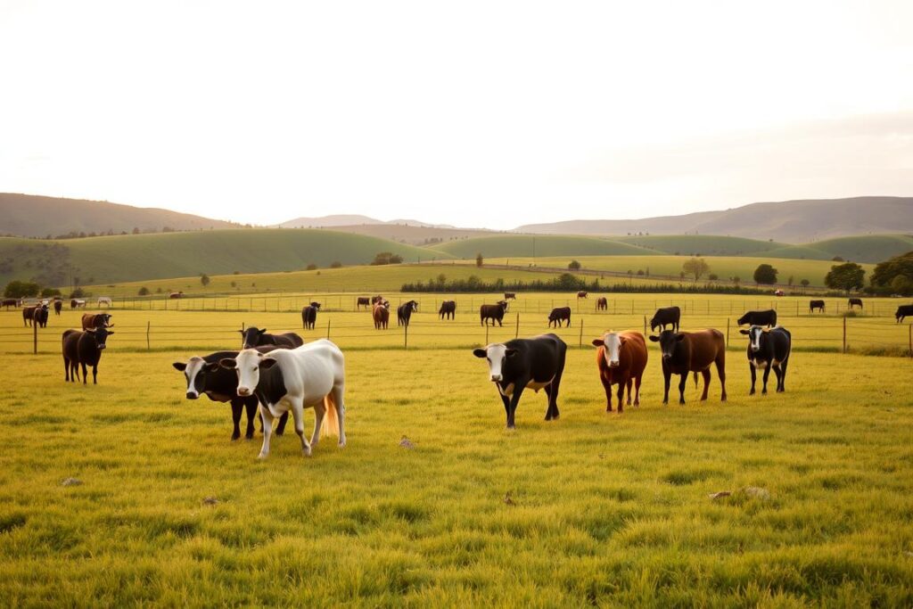 A pastoral scene of a cattle rotation system, captured in a warm, golden-hour light. In the foreground, a herd of Boran and Angus cross-bred cattle graze peacefully on a lush, verdant pasture. The middle ground features carefully arranged paddocks with sturdy fencing, facilitating the efficient rotation of the livestock. In the background, rolling hills and a cloudless sky create a sense of tranquility and expansiveness. The scene is framed by a subtle vignette, emphasizing the natural, documentary-style aesthetic. The overall composition conveys the harmonious integration of cattle and landscape, reflecting the benefits of this crossbreeding approach for Brazilian livestock farming.
