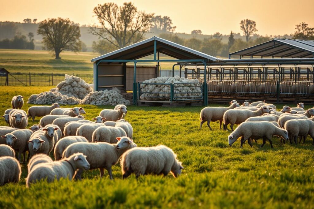 A pastoral scene of a modern sheep farm, showcasing the diverse revenue streams of contemporary ovine husbandry. In the foreground, a flock of woolly sheep graze peacefully amidst lush, verdant pastures, their fleece gleaming in the warm, golden light. In the middle ground, a well-equipped shearing station stands, surrounded by piles of freshly shorn wool, ready for processing and sale. In the background, a state-of-the-art milking parlor hums with activity, highlighting the farm's thriving dairy operations. The scene is suffused with a sense of prosperity and innovation, reflecting the multiple avenues for generating revenue in the modern ovine industry. Captured with a wide-angle lens and soft, diffused lighting to convey a harmonious, inviting atmosphere.