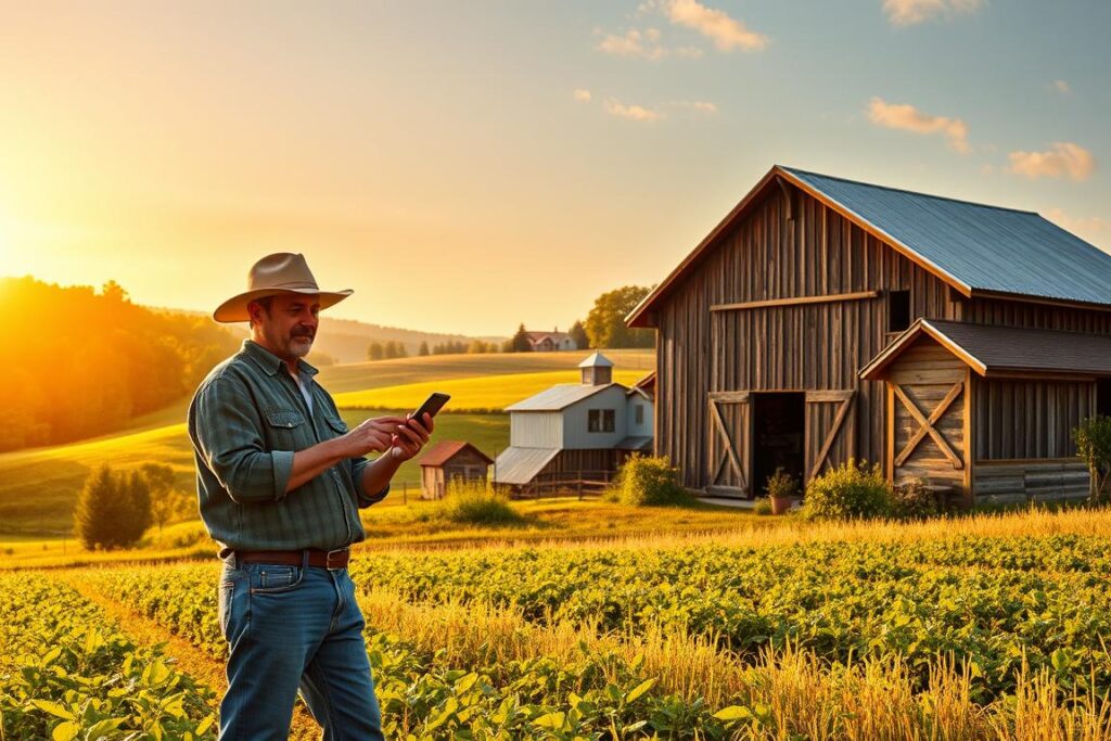 A picturesque rural landscape bathed in warm golden light, showcasing the intersection of traditional agriculture and modern cryptocurrency. In the foreground, a farmer stands proudly, smartphone in hand, processing a digital transaction for their freshly harvested produce. The middle ground features a rustic barn, its weathered wooden facade contrasted by the sleek, futuristic appearance of a cryptocurrency mining rig. In the background, rolling hills dotted with lush greenery and a quaint farmhouse complete the idyllic scene, hinting at the legal and tax considerations involved in this innovative approach to rural commerce.