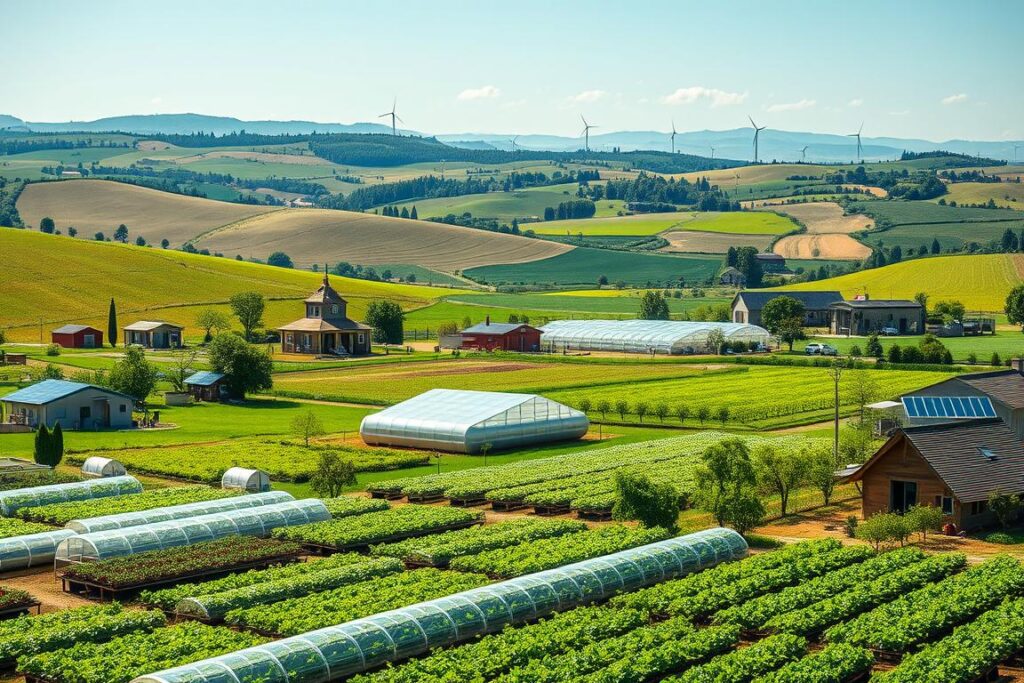A picturesque rural landscape, where small farms and homesteads dot the rolling hills. In the foreground, a well-maintained network of greenhouses and hydroponic systems, tended by a diverse team of agricultural innovators. The midground features a cluster of modern, modular farm structures, adorned with solar panels and wind turbines, harnessing renewable energy. In the background, a patchwork of lush, verdant fields and orchards, showcasing the fruits of their labor. Bright, natural lighting illuminates the scene, casting a warm, inviting glow over the entire tableau. The atmosphere exudes a sense of productive harmony, where cutting-edge technology seamlessly blends with traditional farming practices, creating a hub of agricultural innovation.
