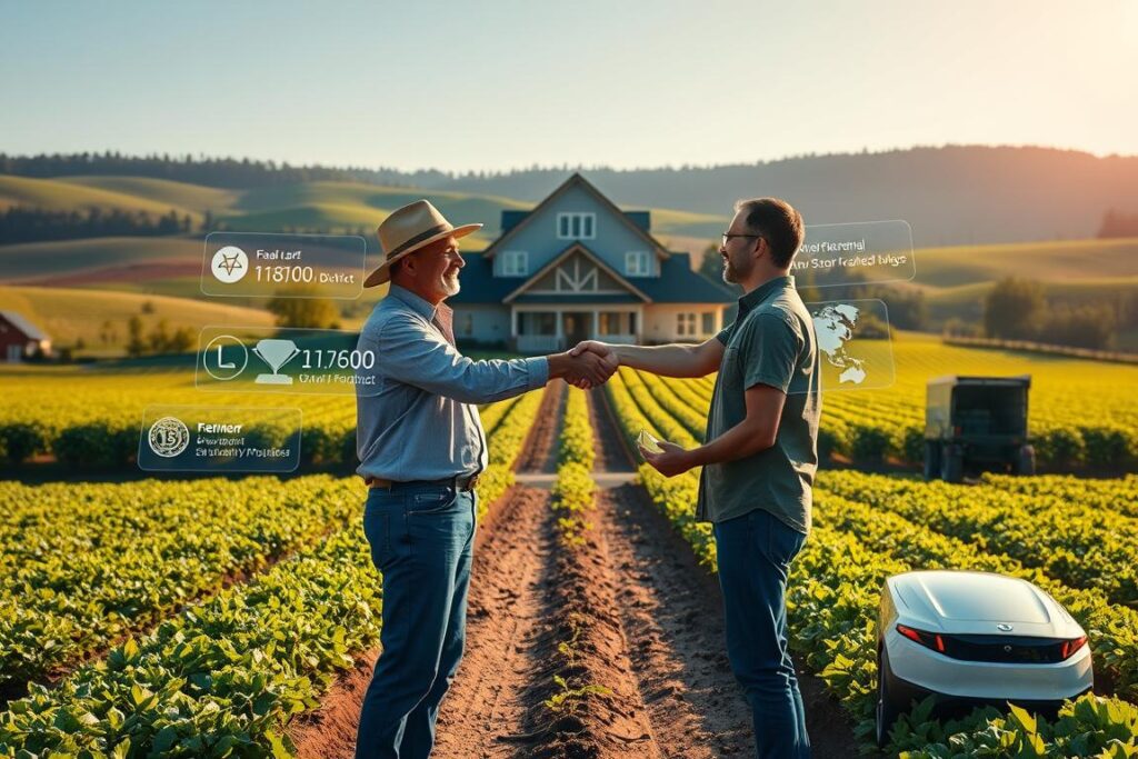 A pristine agricultural field stretches out before a modern farmhouse, bathed in warm afternoon sunlight. In the foreground, a farmer and a representative from a local school district shake hands, finalizing a smart contract for the automated purchase and delivery of farm-fresh produce. Holographic displays float around them, displaying transaction details and delivery schedules. In the middle ground, autonomous transport vehicles wait to load the produce, their sleek, futuristic designs hinting at the technological integration. The background features rolling hills, lush greenery, and a clear blue sky, conveying a sense of harmony between traditional farming and cutting-edge innovation.