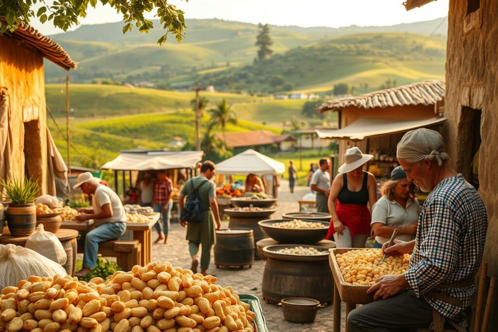 A quaint village scene showcasing the artisanal production of food. In the foreground, a group of local producers carefully hand-craft paçoca, a traditional peanut-based confection, using traditional techniques and small-scale equipment. The middle ground reveals a bustling market, with stalls displaying an array of locally grown produce and homemade goods. In the background, rolling hills and lush greenery provide a pastoral backdrop, evoking a sense of rural tranquility. Warm, golden lighting illuminates the scene, creating a cozy, inviting atmosphere. The overall composition emphasizes the harmony between small-scale, artisanal production and the idyllic natural setting, reflecting the theme of 