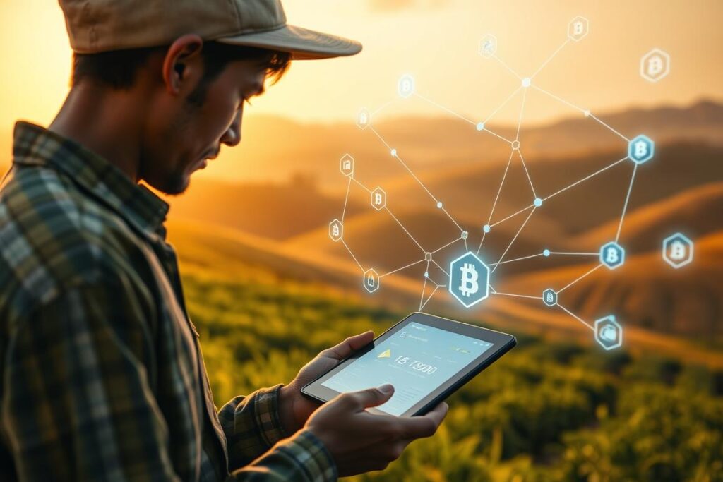 A rural debt tokenization system, with a network of digital transactions displayed on a holographic display. In the foreground, a farmer carefully examining a tablet displaying the tokenized debt. The middle ground features a series of interconnected nodes, visualizing the flow of digital assets. In the background, a lush agricultural landscape with rolling hills and a warm, golden light, conveying a sense of prosperity and growth. The scene is illuminated by a soft, diffused lighting, creating depth and texture. Rendered in a cinematic, hyper-realistic style, this image captures the transformation of rural debts into digital assets, empowering small-scale farmers.