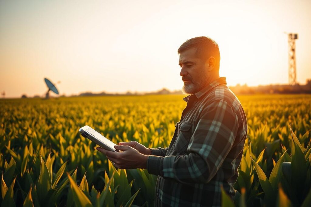 A rural farmer stands in a lush field, reviewing digital information on a tablet. The sun casts a warm, golden glow, highlighting the farmer's concentration. In the background, a satellite dish and tower symbolize the connectivity that empowers the digital transformation. The scene conveys a sense of progress, efficiency, and the farmer's embrace of modern technology to maximize productivity and sustainability. Cinematic lighting accentuates the farmer's determined expression, reflecting their preparedness to harness the power of satellite-enabled connectivity.
