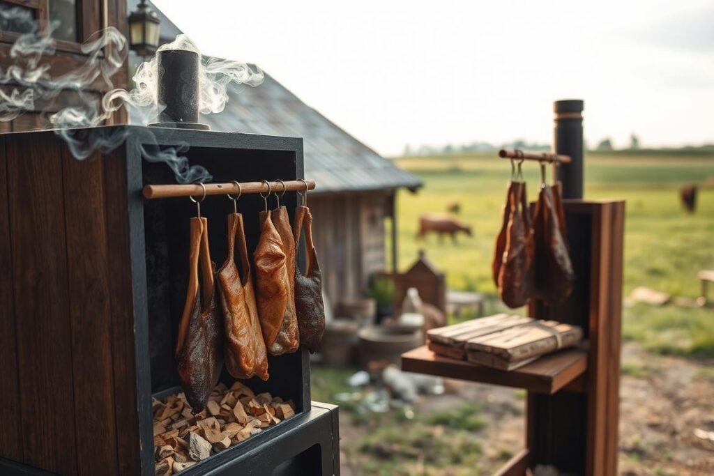 A rustic, artisanal meat smoking scene in a traditional outdoor setting. In the foreground, a sturdy wooden smoker smolders with fragrant wood chips, the delicate wisps of smoke curling into the air. Hanging from wooden racks, succulent cuts of meat slowly absorb the rich, aromatic flavors. The middle ground reveals a weathered wooden shed, its time-worn facade complementing the pastoral atmosphere. In the background, a verdant meadow stretches out, dotted with the silhouettes of grazing livestock against a soft, golden-hued sky. The overall mood is one of rustic craftsmanship, natural simplicity, and the artistry of traditional culinary techniques.