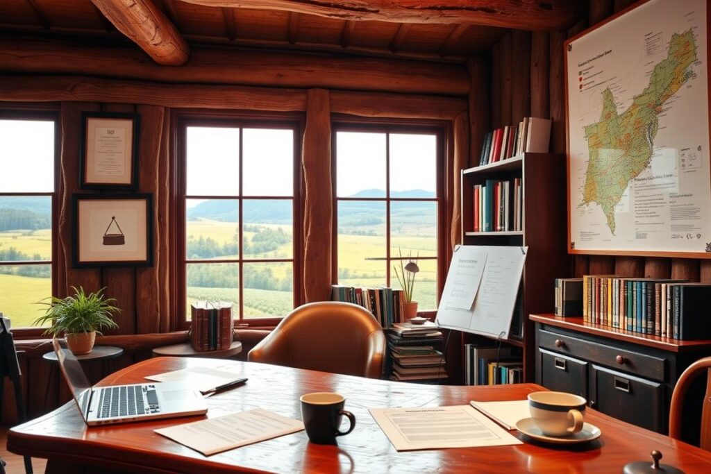 A rustic office setting, with a warm, natural lighting filtering through large windows overlooking a lush, rolling countryside. In the foreground, a sturdy wooden desk with a laptop, legal documents, and a cup of coffee. On the wall, framed certificates and licenses, symbolizing the legal aspects of starting a rural marketing agency. In the middle ground, bookshelves filled with industry-relevant resources, while the background features a map of the local region, highlighting the areas of focus for the agency. The overall atmosphere conveys a sense of professionalism, expertise, and a deep understanding of the rural business landscape.