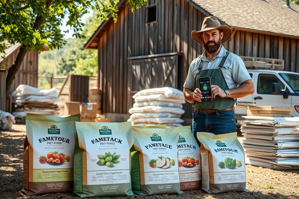 A rustic, sun-dappled farmyard, with a weathered wooden barn in the background. In the foreground, a lineup of premium pet food bags, their labels showcasing wholesome, locally-sourced ingredients. A farmer, sun-weathered yet proud, stands nearby, holding a smartphone displaying a blockchain-powered traceability system. Stacks of eco-friendly packaging materials and a delivery van suggest the challenges of direct-to-consumer sales. The scene exudes a sense of authenticity, sustainability, and the struggle to bridge the gap between farm and consumer in the specialty pet food market.