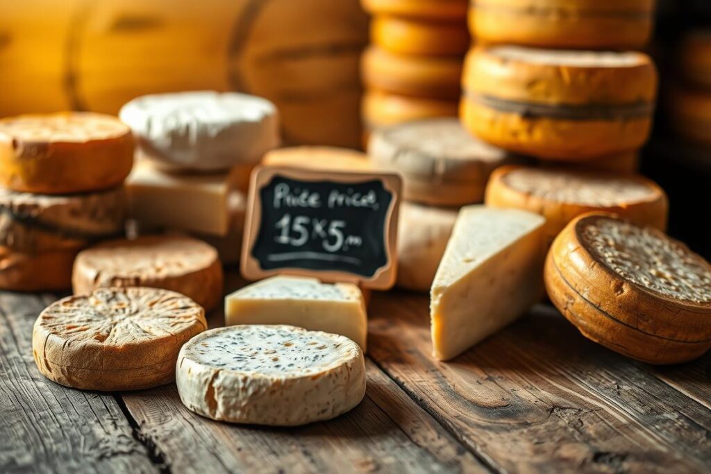 A rustic wooden table, its surface worn and weathered, serves as the canvas for an array of artisanal cheeses. The foreground showcases a selection of handcrafted wheels, their rinds adorned with natural textures and hues, ranging from golden hues to earthy browns. In the middle ground, a small chalkboard sign displays the price per kilogram, its calligraphic lettering offering a hint of the care and attention given to each cheese. The background is softly blurred, allowing the focus to remain on the delicate interplay of the cheeses, their unique characteristics, and the careful pricing that reflects the artisanal nature of their production. The lighting is warm and natural, casting a golden glow over the scene, evoking a sense of rustic charm and the pride of the cheesemaker.