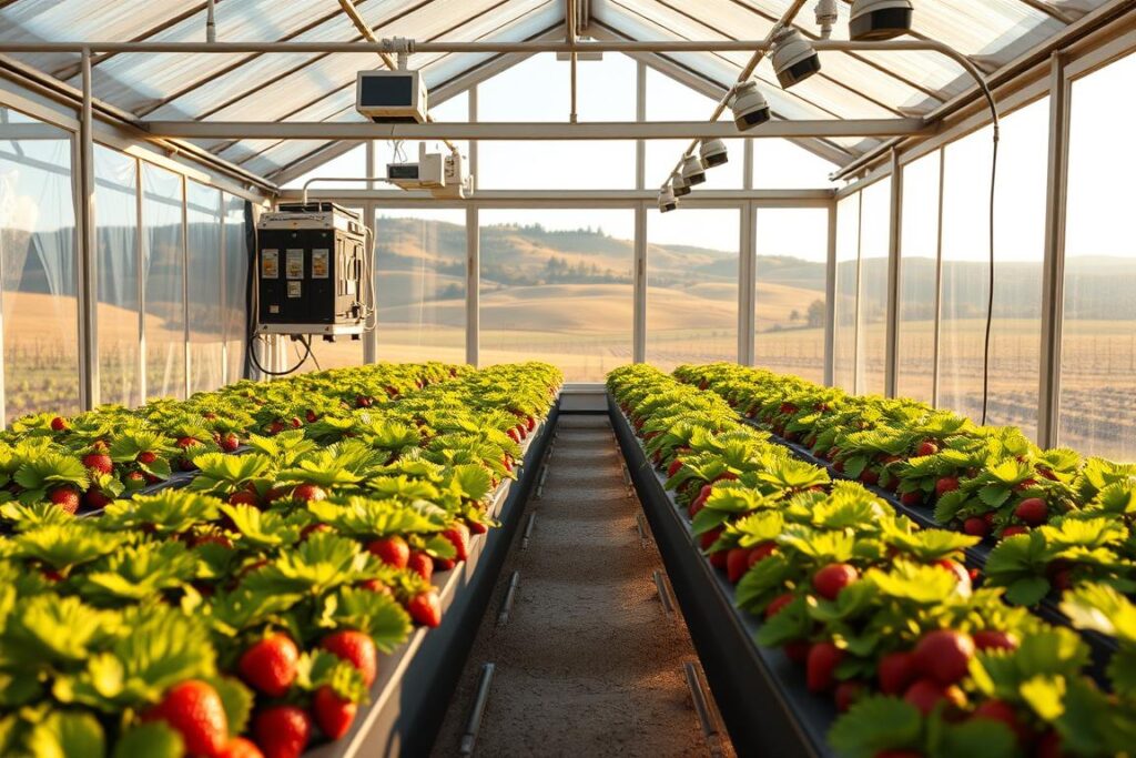 A serene, hydroponic greenhouse interior with strawberry plants thriving under warm, natural lighting. The foreground features lush, vibrant strawberry plants in neatly arranged raised beds, while the middle ground showcases a modern, automated irrigation and monitoring system. The background depicts large windows offering scenic views of rolling hills and a picturesque rural landscape. The atmosphere conveys a sense of harmony between technology and nature, highlighting the challenges and solutions in implementing small-scale, sustainable strawberry farming.