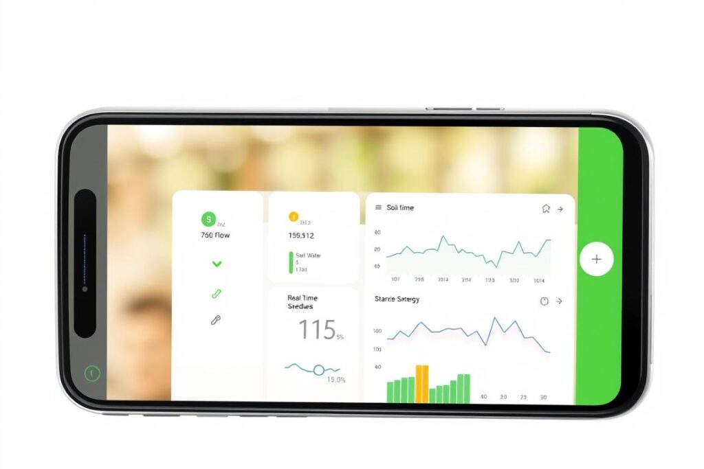 A sleek, modern mobile app interface for a smart irrigation control system, displayed on a high-resolution touchscreen smartphone. The app's home screen features a clean, minimalist design with intuitive controls and indicators for water flow, soil moisture levels, and scheduling. The interface has a soothing, neutral color palette with vibrant accent colors highlighting active functions. Detailed graphs and charts provide real-time data on the irrigation system's performance, allowing the user to precisely monitor and adjust water usage. The overall aesthetic conveys a sense of advanced technology seamlessly integrated with sustainable, energy-efficient practices.