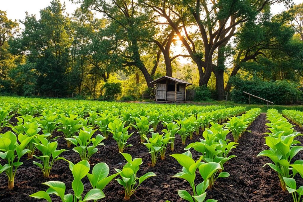 A small family farm nestled in a lush, verdant landscape. In the foreground, a neatly tended plot of vibrant green turmeric plants, their broad leaves reaching towards the sun. The soil is rich and dark, carefully tilled by the farmer's weathered hands. In the middle ground, a simple wooden shed stands, its rustic charm complementing the natural surroundings. Dappled sunlight filters through the canopy of towering trees in the background, casting a warm, golden glow over the scene. The atmosphere is one of tranquility and hard-earned abundance, reflecting the care and dedication required to cultivate this valuable spice on a small scale.