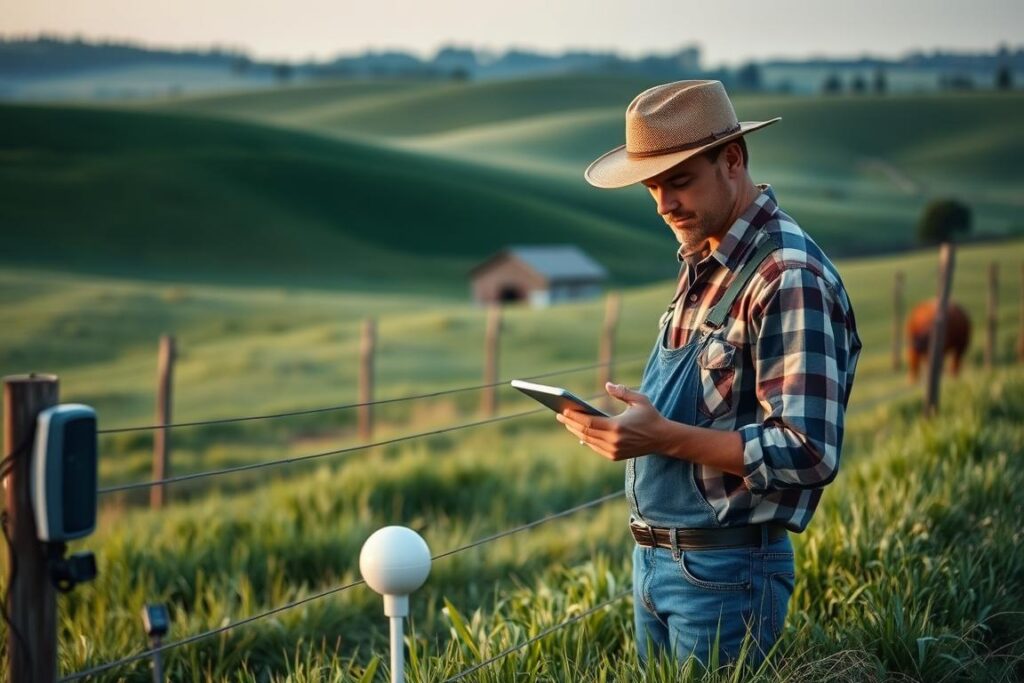 A small rural farm nestled in lush green meadows, with rolling hills and a distant treeline in the background. In the foreground, a farmer examines a tablet, surrounded by IoT-powered electric fencing and monitoring sensors. The lighting is soft and natural, casting a warm glow over the scene. The camera angle is slightly elevated, capturing the sense of tranquility and technological integration in this pastoral setting. The overall mood is one of innovation harmonizing with the bucolic countryside, overcoming the challenges of implementing new tools on a small scale.