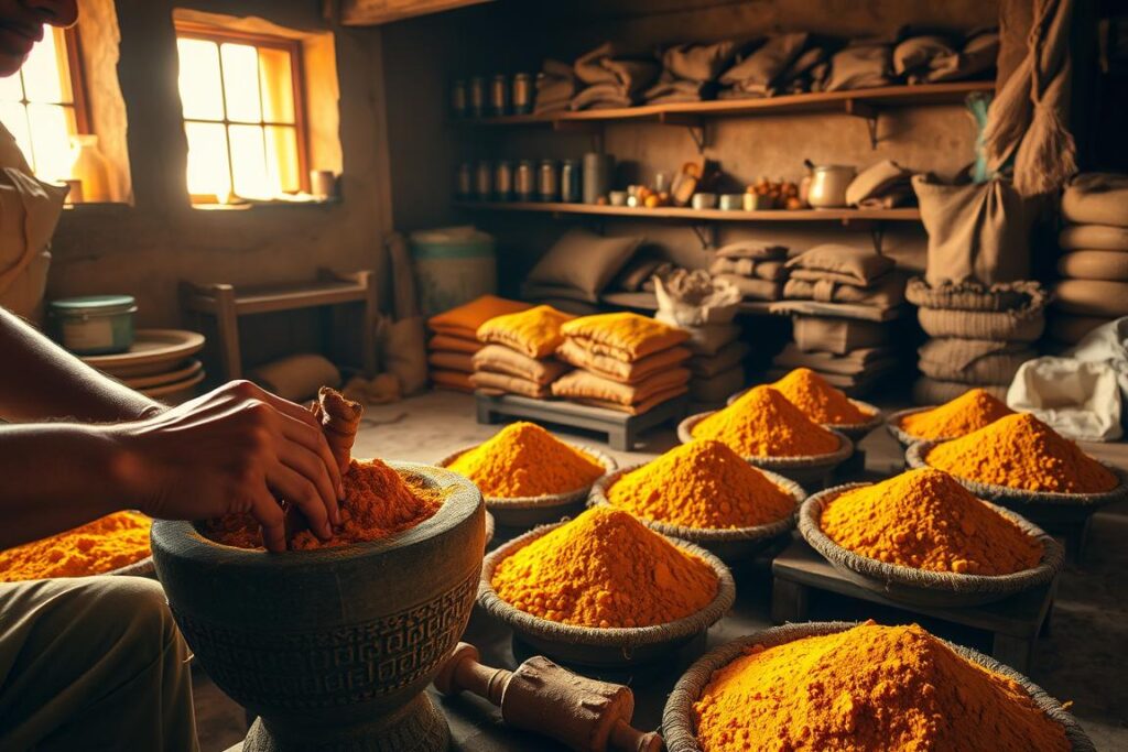 A small-scale artisanal workshop, bathed in warm golden light. In the foreground, hands expertly grinding freshly harvested turmeric rhizomes into a fine, vibrant powder using a traditional stone mortar and pestle. The air is filled with the earthy, pungent aroma. In the middle ground, neatly arranged piles of the processed turmeric, ready for packaging and distribution to local organic markets and specialty grocers. The background features rustic shelves stocked with jars, burlap sacks, and other tools of the trade, hinting at the care and attention to quality that goes into this handcrafted turmeric production. The overall scene conveys a sense of artisanal tradition, environmental sustainability, and local economic empowerment.