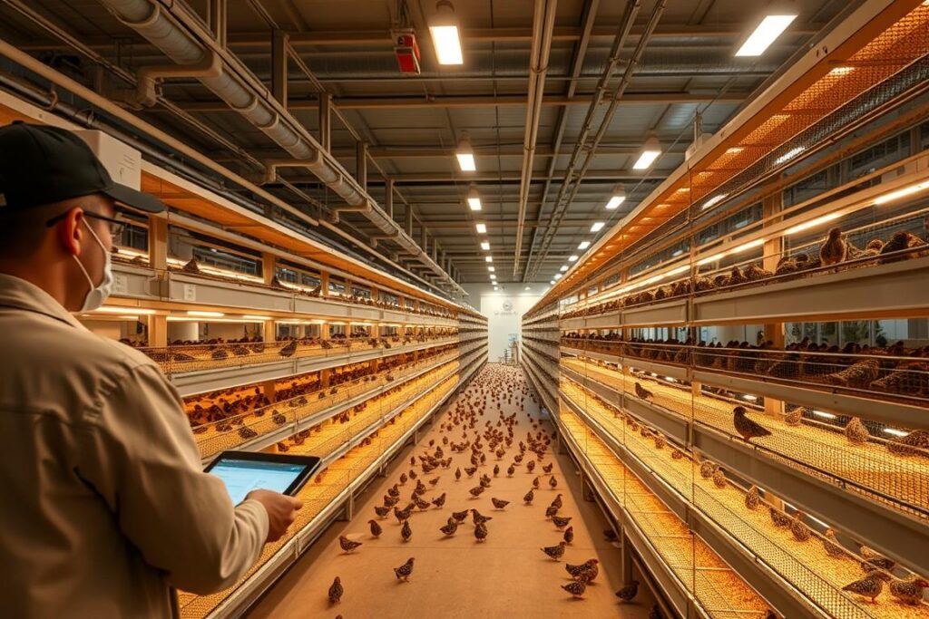 A spacious indoor facility with rows of stacked, automated quail coops. The coops are equipped with advanced feeding and watering systems, ensuring efficient, low-labor quail production. Warm, diffused lighting illuminates the scene, creating a clean, modern atmosphere. In the foreground, a technician monitors the system's status on a sleek, touchscreen panel, while quail can be seen moving about in their comfortable, climate-controlled environment. The middle ground showcases the modular, scalable nature of the setup, with multiple levels of coops maximizing the use of limited floor space. In the background, a glimpse of an automated packaging area hints at the streamlined process from farm to consumer. An overall sense of efficiency, simplicity, and profitability pervades the scene.