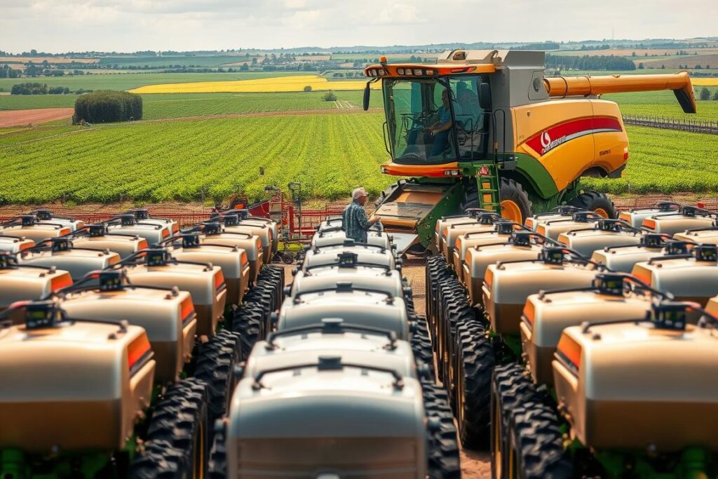 A sprawling agricultural landscape with a foreground featuring a well-maintained rental equipment depot. Rows of gleaming tractors, planters, and sprayers are neatly arranged, their metal surfaces reflecting the warm glow of the midday sun. In the middle ground, a farmer examines the controls of a state-of-the-art harvester, evaluating its capabilities. The background depicts verdant fields dotted with lush crops, hinting at the productive potential of the rented equipment. The scene conveys a sense of efficiency, reliability, and the crucial role that agricultural machinery rental plays in modern farming operations.
