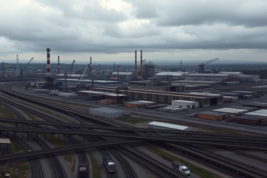 A sprawling industrial landscape, with towering smokestacks and cranes silhouetted against a moody, overcast sky. In the foreground, a complex network of railway tracks and roads intersect, conveying a sense of bustling activity and infrastructure. The middle ground is dotted with squat, utilitarian warehouses and factories, their weathered facades hinting at the important but unglamorous work that takes place within. Deeper in the background, the horizon is obscured by a haze of atmospheric perspective, suggesting the vast scale and scope of this industrial setting. The lighting is muted and atmospheric, with soft shadows and highlights that lend a sense of depth and dimension to the scene. An air of quiet, functional efficiency pervades the entire composition, capturing the essence of 