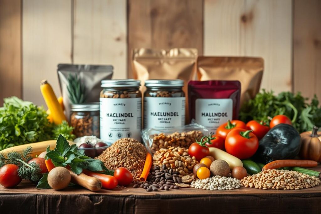 A still life composition showcasing a variety of healthy, functional pet foods. In the foreground, an assortment of colorful and natural ingredients such as fresh vegetables, fruits, grains, and high-quality protein sources are neatly arranged on a rustic wooden surface. The middle ground features jars and packages of specialized pet food formulas, each with a clean, minimalist label design. The background is softly illuminated, creating a warm, inviting atmosphere that highlights the quality and care put into these pet-centric products. The overall scene conveys a sense of artisanal craftsmanship, nutritional value, and a commitment to the wellbeing of beloved animal companions.