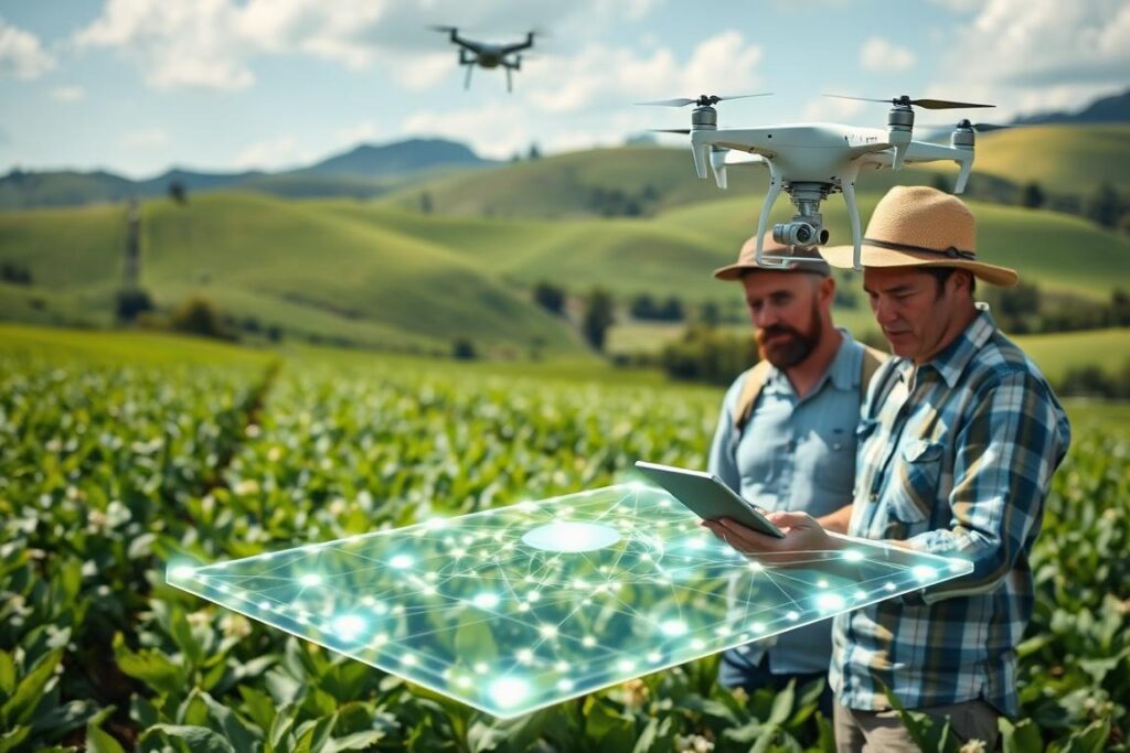 A sun-dappled field of lush green crops, verdant rolling hills in the background. In the foreground, a transparent blockchain ledger hovers, its digital nodes and connections interwoven with the organic textures of the land. Farmers inspect the ledger on a tablet, their faces lit with the promise of transparency and traceability. A drone surveys the scene from above, capturing the integration of cutting-edge technology with traditional Brazilian agriculture. The overall atmosphere is one of innovation, sustainability, and a harmonious fusion of the digital and the natural.