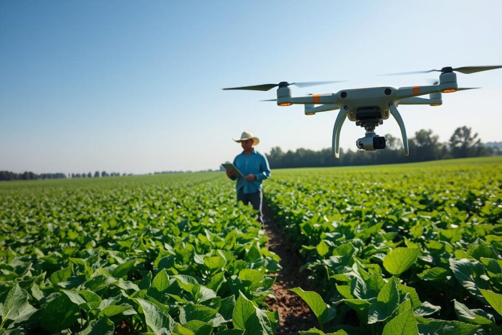 A sun-dappled field stretches beneath a clear sky, drone regulations and legislation documents hovering in the foreground. In the middle ground, a farmer stands amid rows of crops, examining a tablet displaying drone flight telemetry. In the background, a modern agricultural drone hovers, its wings casting gentle shadows on the lush greenery below. The scene evokes a harmonious integration of technology and traditional farming practices, with the legal framework guiding the responsible use of drones to enhance agricultural productivity.