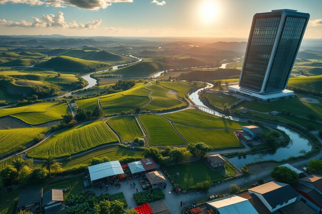A sweeping, aerial view of a rural landscape, with rolling hills, verdant fields, and winding rivers. In the foreground, a farmer's market bustles with activity, as local producers and buyers exchange goods. In the middle ground, a network of financial institutions and technology companies collaborate, using the ISO 20022 standard to tokenize and securitize the region's agricultural debts, transforming them into digital assets. The background is dominated by a towering, futuristic data center, its sleek, glass-and-steel facade reflecting the sun's rays. The scene conveys a sense of harmony between traditional agrarian practices and cutting-edge financial innovation, where technology empowers small-scale farmers and strengthens the rural economy.