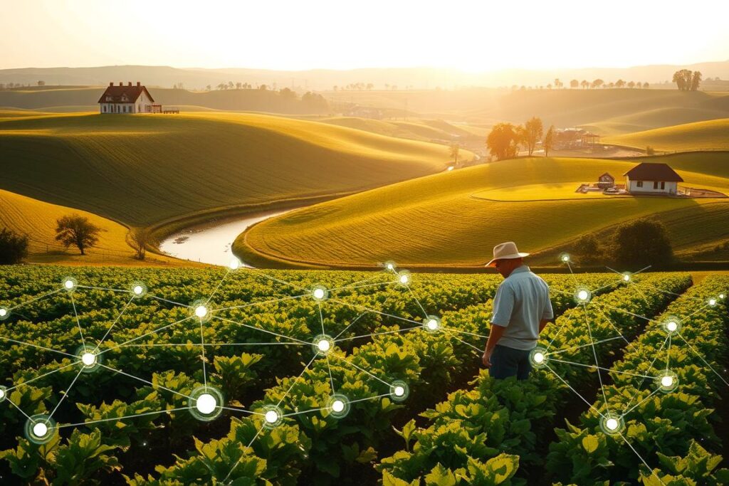 A tranquil, sun-dappled rural landscape, with lush rolling hills, a winding river, and a quaint farmhouse in the distance. In the foreground, a farmer stands amid a thriving crop, carefully inspecting the plants. Overlaying the scene, a network of digital nodes and connections represents the intricate web of risk mitigation strategies, including diversification, insurance, and real-time monitoring. The lighting is soft and natural, with warm golden tones, conveying a sense of stability and resilience. The overall composition suggests the harmonious integration of traditional agricultural practices and emerging digital technologies, creating a balanced and sustainable approach to risk management.