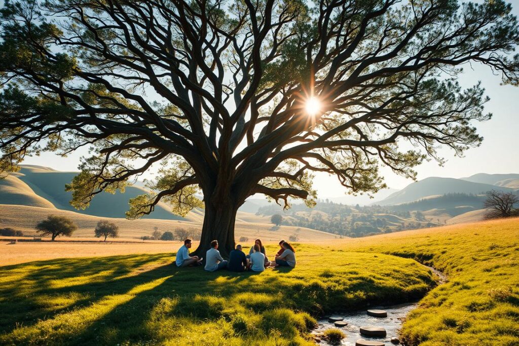 A tranquil, sunlit meadow with rolling hills in the distance. At the center, a majestic oak tree with gnarled branches reaching towards the sky. Nestled beneath its canopy, a group of people from diverse backgrounds sit in a circle, engaged in a thoughtful discussion. The scene radiates a sense of harmony, balance, and sustainable practices. In the foreground, lush greenery and a flowing stream with stepping stones invite further exploration. The lighting is soft and warm, creating an atmosphere of contemplation and progress. An overhead drone shot captures the interconnectedness of people, nature, and a thriving enterprise.