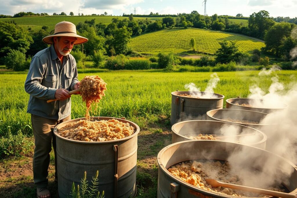 A verdant outdoor scene, showcasing the traditional method of transforming fresh chicken manure into a profitable liquid biofertilizer. In the foreground, a farmer carefully adds the manure to a large open-air composting container, using a pitchfork to ensure even distribution. The middle ground features a series of similar containers, each at different stages of the composting process, with steam gently rising from the fermenting organic matter. In the background, a lush green landscape provides a serene backdrop, illuminated by warm, diffused sunlight filtering through scattered clouds. The overall atmosphere is one of rustic simplicity, highlighting the age-old technique of transforming waste into a valuable agricultural resource.