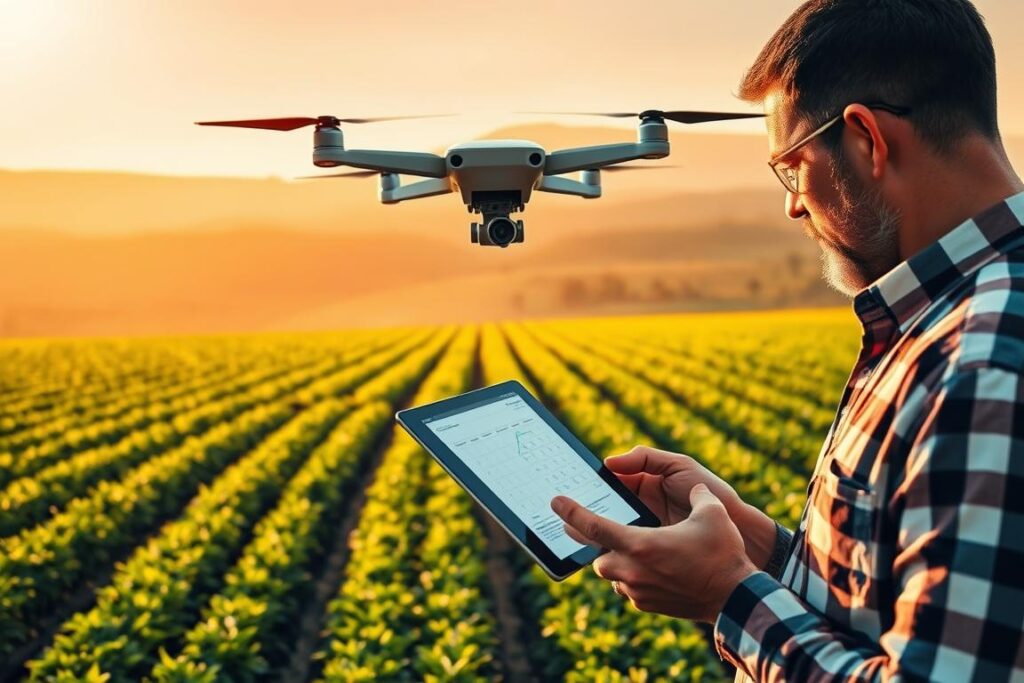 A vibrant aerial view of a rural agricultural landscape, with a drone hovering over a lush green field. In the foreground, a farmer reviews a tablet, meticulously calculating the pricing and cost estimates for precise agricultural services. The drone casts a subtle shadow on the crops below, hinting at the technological precision of the spraying operations. In the middle ground, rows of neatly arranged crops stretch out, showcasing the ordered efficiency of the operation. The background features rolling hills and a warm, golden-hued sky, creating a sense of tranquility and productivity. The scene radiates a professional, forward-thinking atmosphere, capturing the essence of the 