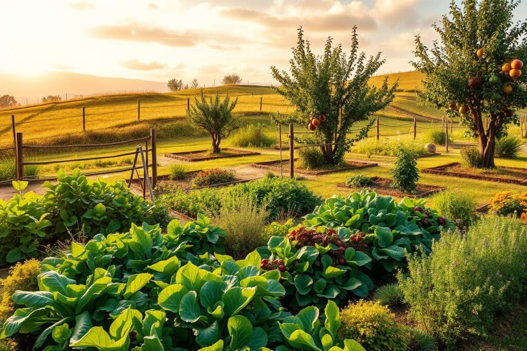 A vibrant agroecological consortium in a small rural property. In the foreground, a diverse array of crops - leafy greens, root vegetables, and flowering plants - thriving in harmony. The middle ground features carefully pruned fruit trees, their branches heavy with ripe produce. In the background, a gently sloping landscape dotted with wildflowers and interspersed with wooden fencing. Warm, golden sunlight filters through wispy clouds, casting a soft, natural glow over the entire scene. The overall atmosphere exudes a sense of abundance, balance, and ecological resilience.
