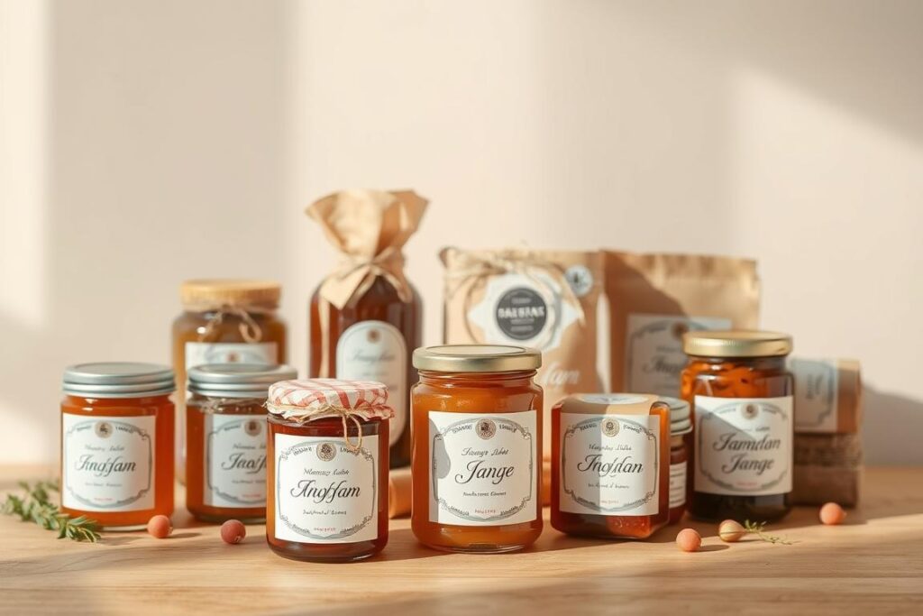 A vibrant and minimalist still life composition showcasing a variety of handcrafted jam jars and packaging. In the foreground, an assortment of glass jars with elegant labels in soft pastel tones, their contents visible through the transparent glass. In the middle ground, various wrapping materials such as waxed paper, twine, and custom-printed stickers add a rustic, artisanal touch. The background features a simple, clean backdrop, allowing the jars and packaging to take center stage. Warm, natural lighting gently illuminates the scene, casting soft shadows and highlighting the textures and materials. The overall mood is one of craftsmanship, quality, and attention to detail, perfectly suited to showcase premium homemade jams and preserves.