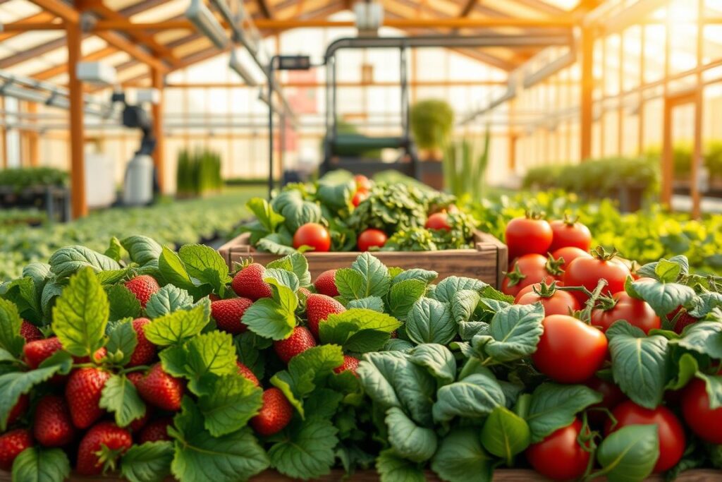 A vibrant, artfully composed scene showcasing organic product marketing. In the foreground, an array of fresh, lush green leaves and produce - ripe strawberries, juicy tomatoes, leafy greens - arranged in a visually appealing display. In the middle ground, a wooden crate or rustic display stand holds these organic goods, their natural colors and textures shining. The background features a warm, sun-dappled greenhouse interior, with hints of automation equipment and hydroponic systems. Soft, natural lighting filters in, evoking a sense of sustainability and health. The overall tone is one of inviting, high-quality organic produce, thoughtfully presented to entice and inform consumers.