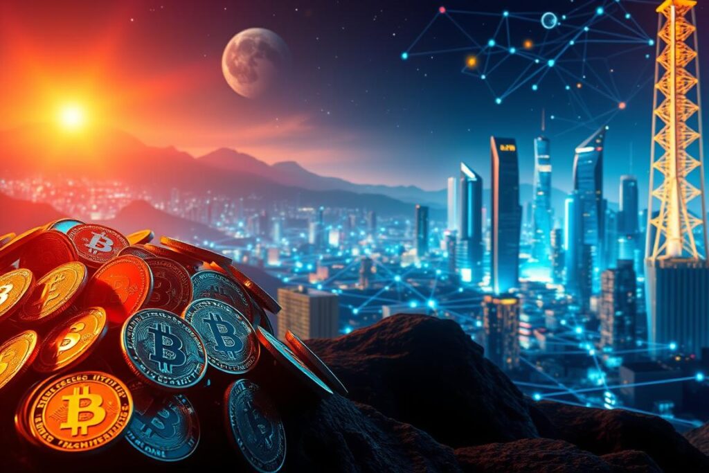 A vibrant, digital landscape depicting the world of cryptocurrencies. In the foreground, a cluster of various cryptocurrency symbols, rendered in gleaming metallic textures, casting dynamic shadows. In the middle ground, a network of interconnected lines and shapes, representing the blockchain technology that underpins these digital assets. The background features a ethereal, futuristic cityscape, with towering skyscrapers and glowing, holographic displays, conveying the integration of cryptocurrencies into the modern financial landscape. Lighting is dramatic, with warm, golden hues highlighting the technological elements, and cooler, blue tones creating a sense of depth and mystery. The overall mood is one of innovation, progress, and the transformative power of digital finance.