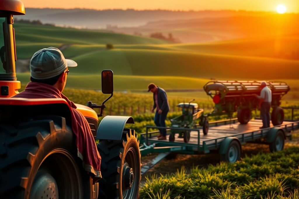 A vibrant, dynamic scene showcasing strategic marketing tactics for agricultural equipment rental. In the foreground, a farmer attentively examines a tractor, while in the middle ground, a group of workers efficiently load a planter onto a trailer. The background features rolling hills dotted with lush green fields, bathed in the warm glow of a golden-hour sunset. The composition emphasizes the importance of visual appeal, accessibility, and customer engagement in driving successful equipment rental services. Crisp, high-resolution details capture the technical precision of the machinery, while a sense of motion and energy conveys the hustle and bustle of a thriving agricultural business.