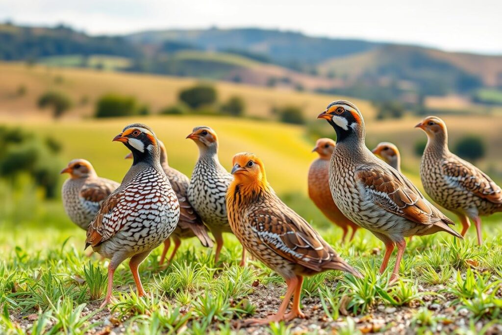 A vibrant, high-resolution photograph showcasing a diverse selection of quail breeds in a natural, well-lit setting. The foreground features several quails of different colors and patterns, each one standing proudly and exhibiting their distinct physical characteristics. The middle ground depicts a gently sloping meadow with lush, verdant vegetation, and the background showcases a scenic, countryside landscape with rolling hills and a bright, cloudless sky. The lighting is soft and directional, accentuating the quails' intricate feather patterns and creating a sense of depth and dimension. The overall composition is balanced, inviting the viewer to appreciate the unique beauty and potential of these compact, high-yield avian creatures.