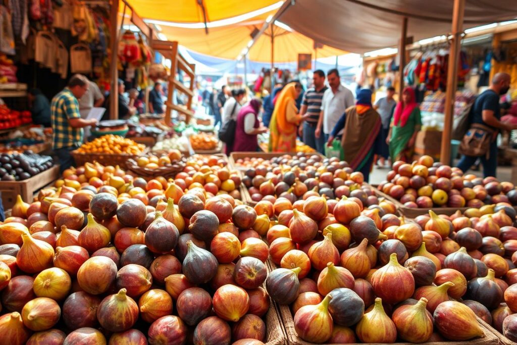 A vibrant open-air market scene, featuring various stalls selling an abundance of fresh figs. In the foreground, a display of ripe, glistening figs arranged in wooden crates and baskets, their rich colors and textures inviting the viewer to reach out and touch them. In the middle ground, vendors in colorful traditional garb engage with customers, negotiating prices and making sales. The background is a bustling tableau of activity, with people moving through the market, examining the produce, and carrying their purchases. The lighting is warm and natural, creating a sense of energy and vitality. The overall atmosphere conveys the strategic commercialization of the fig harvest, showcasing the vibrant and thriving local economy.