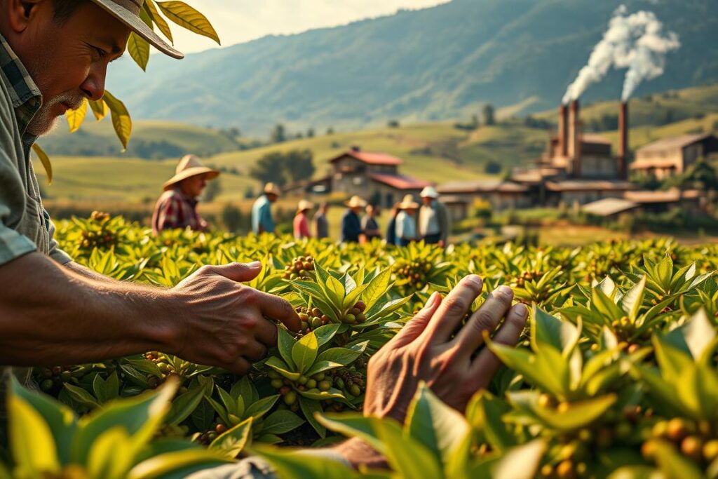 A vibrant scene of Brazilian coffee producers working diligently in their fields. In the foreground, weathered hands carefully tend to the lush, green coffee plants, their expressions focused and determined. The middle ground reveals a group of farmers discussing crop yields and market trends, surrounded by the rolling hills of a verdant landscape. In the background, a traditional coffee processing facility stands tall, its rustic architecture and billowing smoke plumes hinting at the centuries-old traditions that define the region's coffee culture. The scene is bathed in warm, golden sunlight, conveying a sense of hard-earned prosperity and the pride of these skilled artisanal producers.