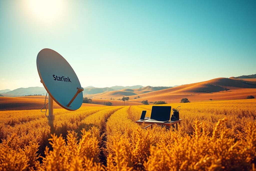 A vibrant, sun-drenched field in the Brazilian countryside, with a modern, sleek Starlink satellite dish prominently featured in the foreground. In the middle ground, a small, well-equipped home office setup, with a laptop, smartphone, and other digital devices, all powered by the reliable Starlink internet connection. In the background, rolling hills and a cloudless azure sky, conveying a sense of freedom and possibility for remote entrepreneurs. The scene is bathed in warm, golden lighting, creating a welcoming and inspiring atmosphere. The overall composition and attention to detail evoke a successful, thriving home-based business, made possible by the transformative power of Starlink technology.