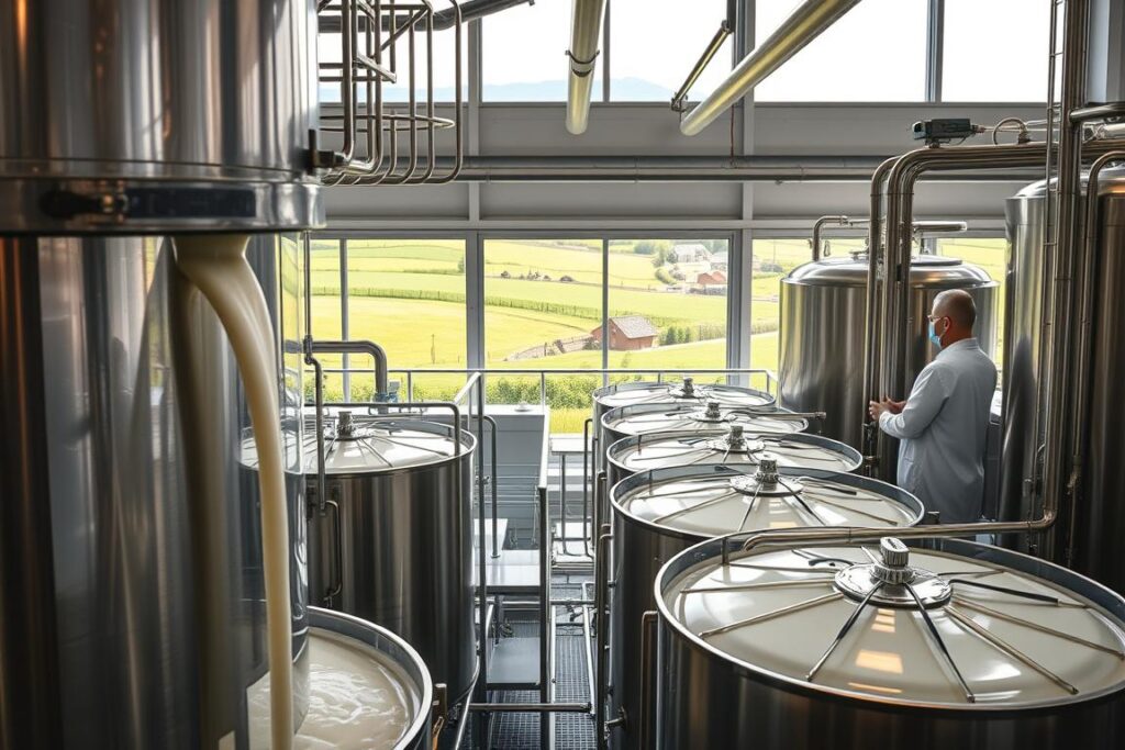 A well-lit industrial dairy facility, with gleaming stainless steel tanks and state-of-the-art pasteurization equipment. In the foreground, milk gently flowing through transparent pipes, undergoing the precise heating and cooling process of pasteurization. Technicians in white lab coats monitor the controls, ensuring consistent temperature, time, and agitation for optimal milk quality and safety. The middle ground features rows of storage tanks, their contents awaiting further processing into fine artisanal cheeses. In the background, large windows overlooking verdant dairy farmland, a nod to the high-quality, locally sourced raw material. The scene conveys a sense of technological efficiency, food safety, and the intersection of traditional dairy farming and modern food science.