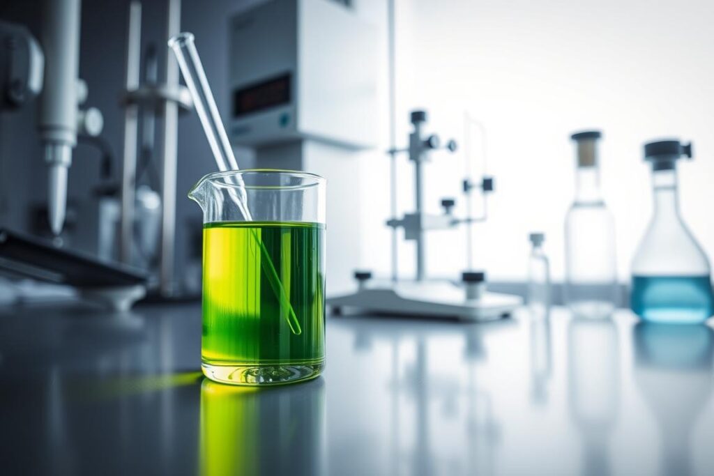 A well-lit laboratory setting with a close-up view of a glass beaker filled with a vibrant green essential oil. The beaker is placed on a clean, stainless steel counter, with various analytical equipment like a pipette, pH meter, and refractometer visible in the background. The lighting is soft and even, creating a professional, scientific atmosphere. The angle is slightly angled to showcase the clarity and color of the oil, while also highlighting the precision instrumentation used for quality control testing. The overall scene conveys a sense of meticulous attention to detail and rigorous standards in the essential oil production process.
